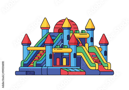Multicolored inflatable bouncy castle with slides and towers viewed from the front