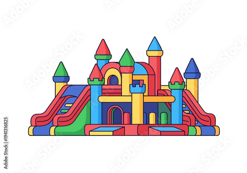 Colorful bouncy castle with inflatable slides and towers at a children's outdoor party venue captured from a front viewpoint