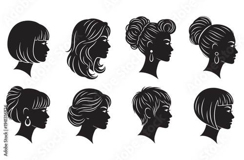 Set of elegant women in profile with various hairstyles, detailed silhouettes of female heads with different haircuts and fashion elements