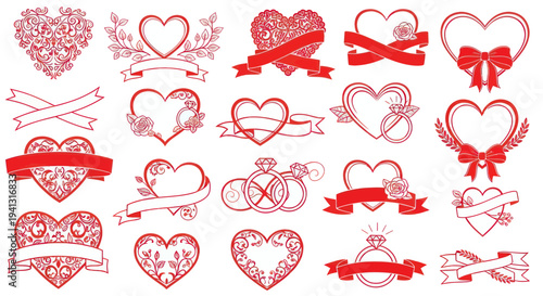 Red Heart Ornaments and Ribbons Set: Love, Romance, Valentine's Day Design Elements