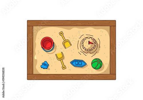 Vintage navigation tools and treasures displayed on a sandy surface within a wooden frame viewed from above