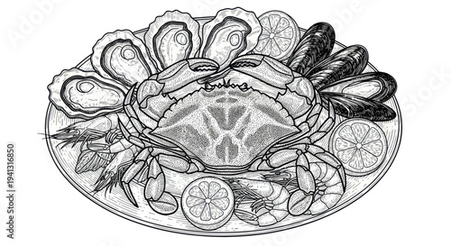 Seafood Platter Illustration: Crab, Oysters, Mussels, Shrimp, Lemon Slices