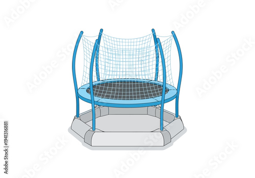 Children's trampoline with safety enclosure net in a domestic backyard setting viewed from the front