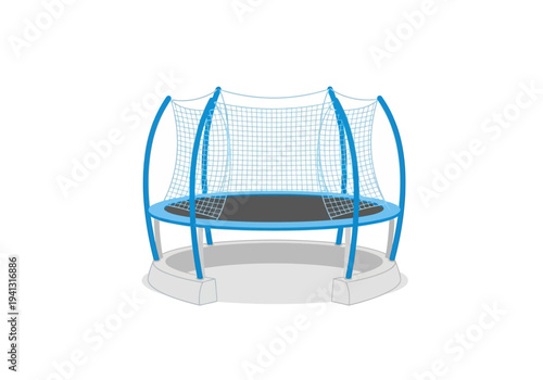 A blue trampoline with safety net enclosure viewed from the side on a white platform in a well-lit environment