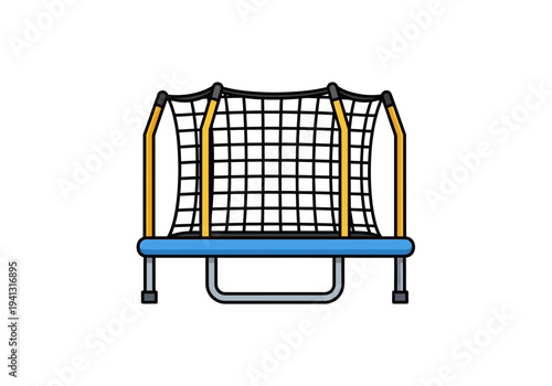 A trampoline with a safety net enclosure standing alone on a white background viewed from the front