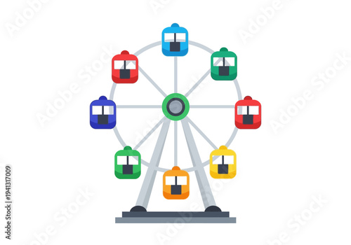 A vibrant Ferris wheel with colorful cabins rotating slowly at a lively fairground scene viewed from the front