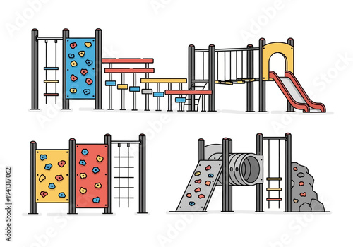 Children's playground equipment set with climbing walls, slides, and interactive panels in a vibrant outdoor play area viewed from the front.