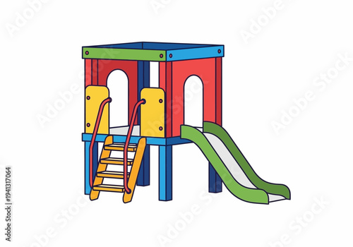 Children's playground equipment with a colorful playhouse, slide, and ladder, for recreational activities and outdoor fun in a vibrant setting.