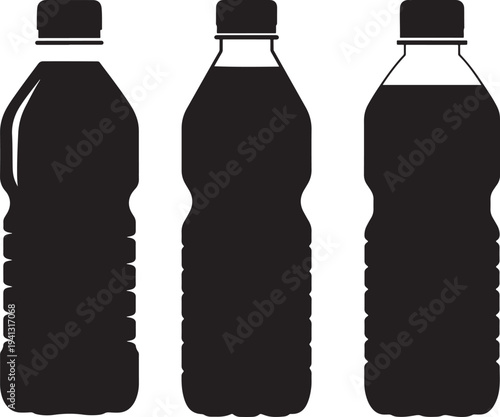 Set of three black plastic water bottle icons, representing beverages, hydration, and drinks