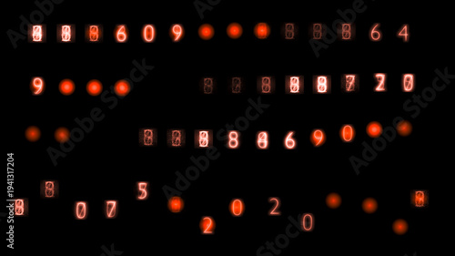 glowing red digital numbers code texture on black background abstract glitch data cyber technology hacker countdown interface hud futuristic display signal