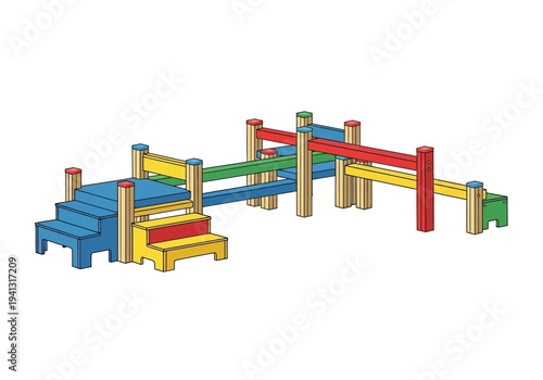 Vibrant playground equipment setup with ladders, bars, and platforms viewed from a slight angle outside on a sunny day