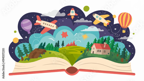 Whimsical open book with imaginative landscape and transportation scenes emerging from pages