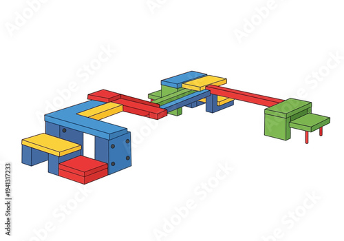 3D illustration of colorful abstract architecture model with blocks and platforms from an isometric viewpoint showcasing modern design elements