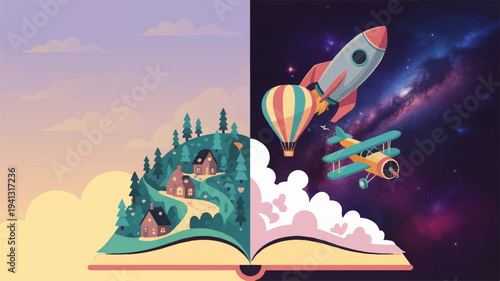 Whimsical illustration of an open book with fantasy scenes rocket hot air balloon and airplane in space and sky symbolizing imagination and adventure