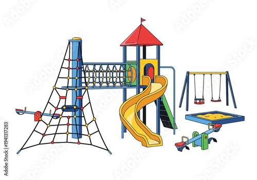 Vibrant playground equipment with climbing structures, slides, and swings set against a bright outdoor environment viewed from a straightforward angle
