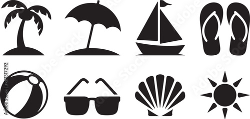 Summer vacation icons featuring beach ball sunglasses sailboat flipflops umbrella palm tree and seashell isolated on transparent background