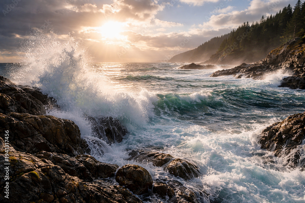 Obraz premium Powerful ocean waves crashing on rocky shore at sunset. Natural water energy, marine ecosystem and global water resources concept for World Water Day.
