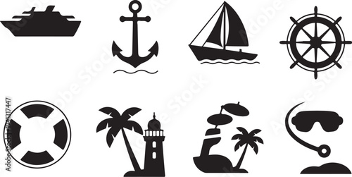 Collection of nautical and travelthemed silhouette icons including a cruise ship anchor sailboat ship wheel life preserver and tropical island scenery