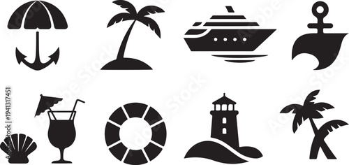 Collection of eight black silhouette icons representing summer vacation and nautical themes isolated on white