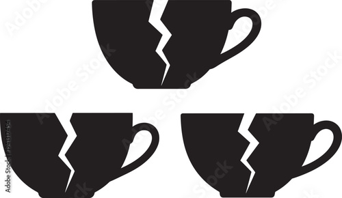 Set of three cracked ceramic cup silhouettes, representing brokenness, disappointment, or bad luck