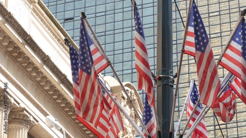 Photography American flags near Grand Central Terminal on 42 street, New York City, Manhattan Midtown