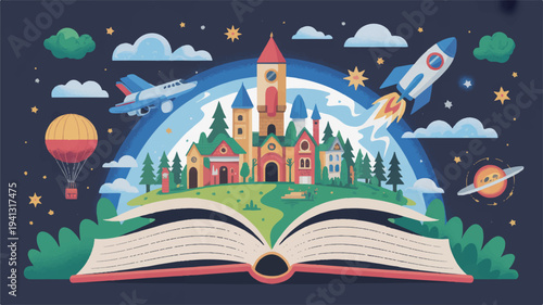 Whimsical fantasy castle emerges from an open book under a starry night sky with rockets and hot air balloons