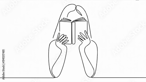 Person sitting and reading a book in a simple line art style on a plain background