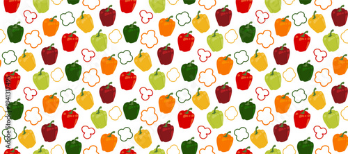 Seamless pattern with colorful bell peppers and vegetable slices on white background, vector flat illustration
