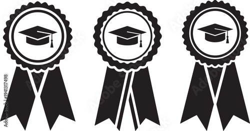 Three black graduation cap and ribbon award silhouettes, signifying achievement, success, and education