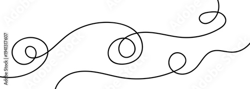 Continuous black squiggle line cable creating abstract wavy vector illustration pattern on white background. Curvy cable thread flowing horizontally with organic squiggle line loops and tangled curve.