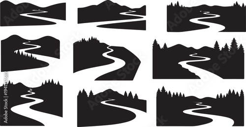Black and white river landscape silhouettes with mountains trees
