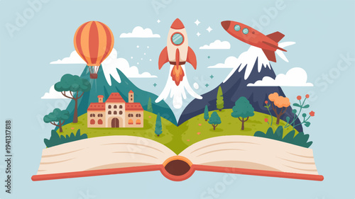 Open book with rocket hot air balloon and airplane emerging from pages surrounded by mountains trees and buildings symbolizing imagination and learning