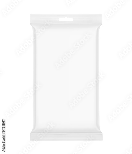 Blank realistic pillow bag with hang slot mockup. Front view. Vector illustration isolated on white background. Perfect to create your final pack shot. EPS10.