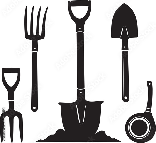 Gardening tools silhouette on white background illustration set