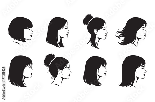  Set of elegant women in profile with various modern hairstyles, diverse silhouettes of female heads with different trendy haircuts