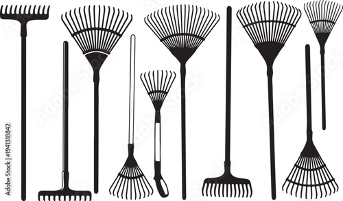 Collection of various rakes and gardening tools illustration set