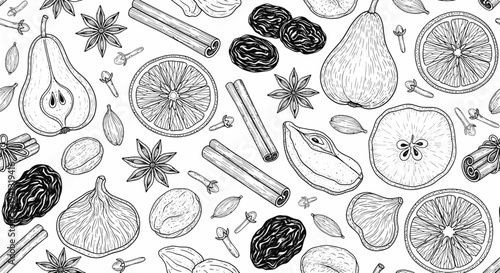 Hand-drawn Autumn Fruits and Spices Seamless Pattern: Pears, Oranges, Figs, Cinnamon, Star Anise