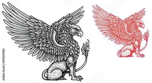 Mythical Griffin Creature Illustration: Majestic Lion Body, Eagle Head and Wings