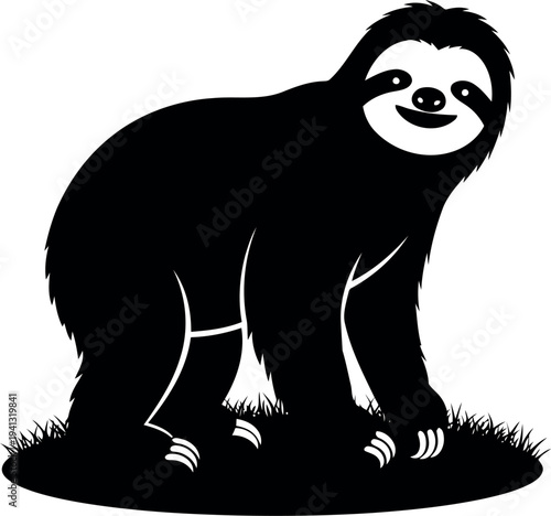 Vector Silhouette of Smiling Sloth Standing on Grass, Black and White Animal Illustration