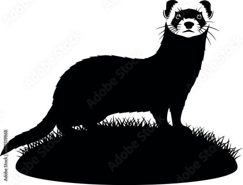 Black Footed Ferret Silhouette Standing on Grass Vector Illustration Isolated