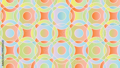 Seamless vector pattern with abstract geometric circles and stars. Soft pastel gradient ornament in orange, green, and blue for modern backgrounds, textile, and elegant packaging design