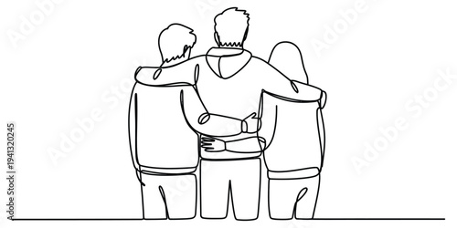 Continuous line drawing of three friends standing together with arms around each other