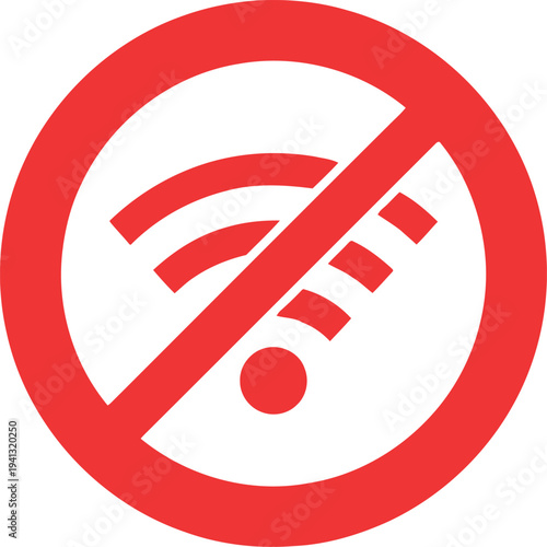 No WiFi Signal Icon, Red Prohibition Symbol for Internet Connection Error and Offline Warning