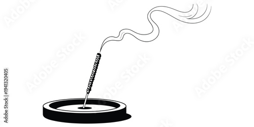 Black and white line drawing of a single incense stick burning in a small circular holder.