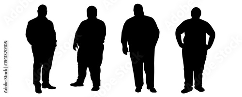 Silhouette of overweight men standing. Set of male figures with obesity or large body types. Group of fat men in casual poses isolated on white background.