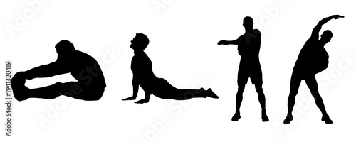 Silhouette of people stretching and doing yoga. Collection of men exercising and warming up. Fitness and healthy lifestyle poses isolated on white background.