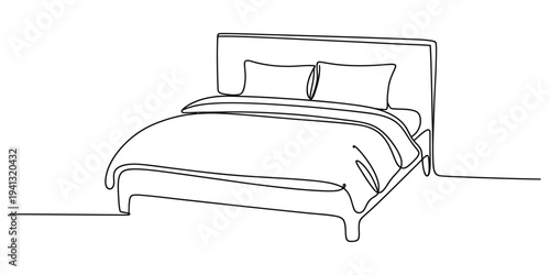 Continuous line drawing of a comfortable double bed with pillows and duvet on white background