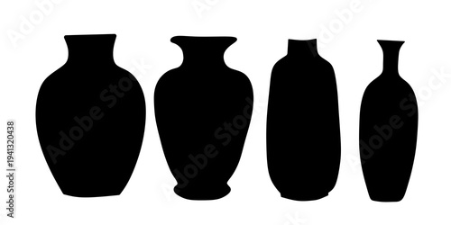 Silhouette of ceramic vases set. Collection of different pottery shapes and jugs. Minimalist black vase icons isolated on white background.