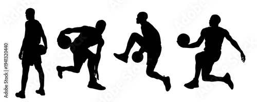 Silhouette of basketball players in action. Set of athletic men dribbling and moving with a ball. Sports competition and fitness poses isolated on white.