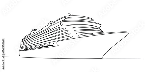 Single line drawing of a large cruise ship sailing on the calm ocean water surface.